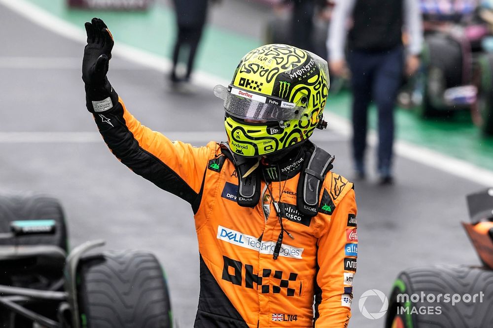 Pole man Lando Norris, McLaren F1 Team, arrives in Parc Ferme