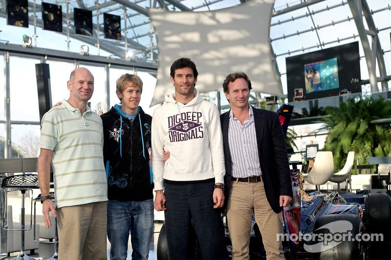 Chief technical officer Adrian Newey, Sebastian Vettel, Mark Webber and team principal Christian Horner
