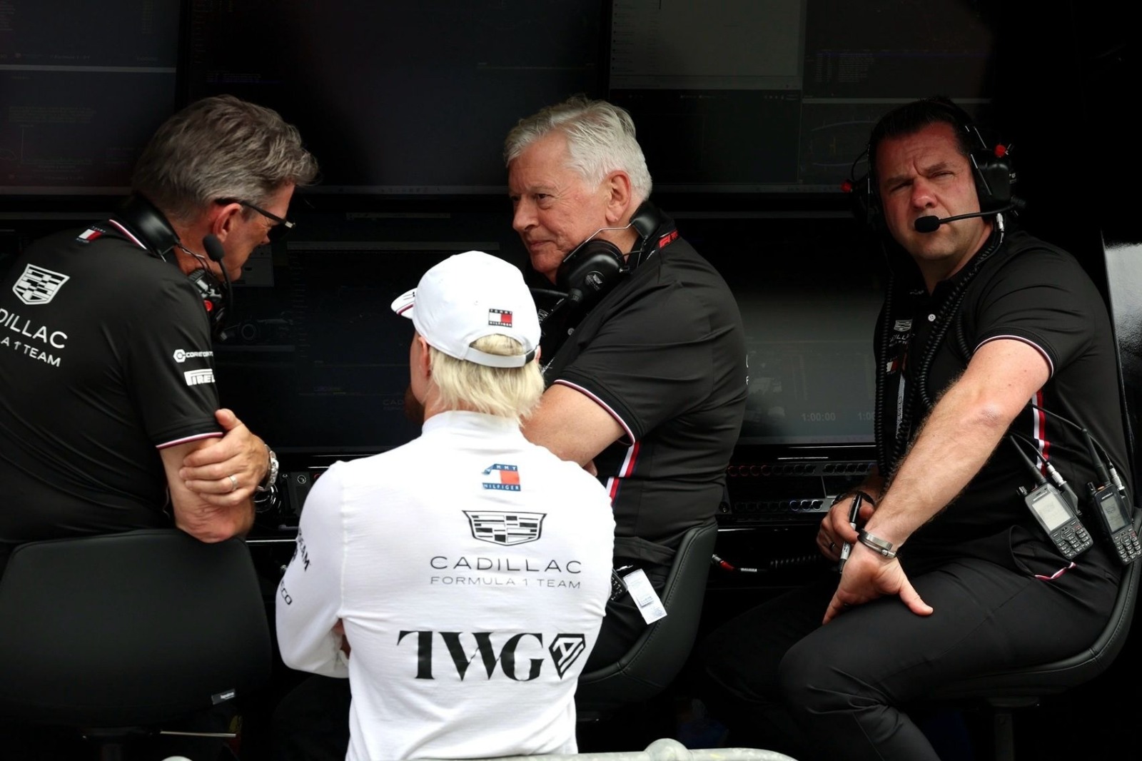 Cadillac race team manager Peter Crolla (right) with former team principal Graeme Lowdon, technical consultant Pat Symonds and Valtteri Bottas