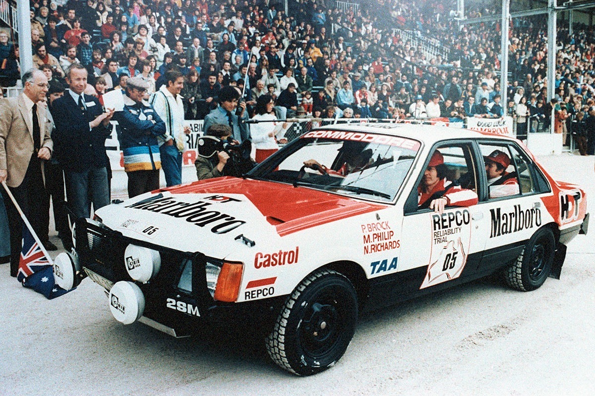Brock, Matt Philip and Noel Richards led a controversial 1-2-3 finish in Holden’s new Commodore in the 1979 Repco Round Australia Trial