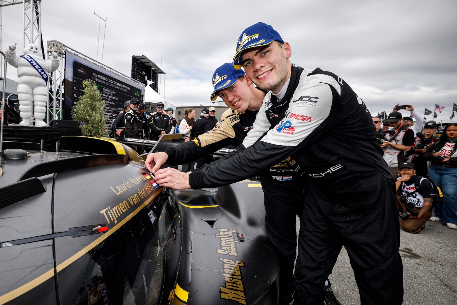 SALINAS, CALIFORNIA - MAY 3: #5: JDC-Miller MotorSports, Porsche 963, GTP: Tijmen van der Helm, Laurin Heinrich in victory lane with the winners' sticker during the IMSA WeatherTech SportsCar Championship WeatherTech Raceway Laguna Seca on May 3, 2026 in Salinas, California. (Photo by Michael L. Levitt/Lumen via Getty Images)