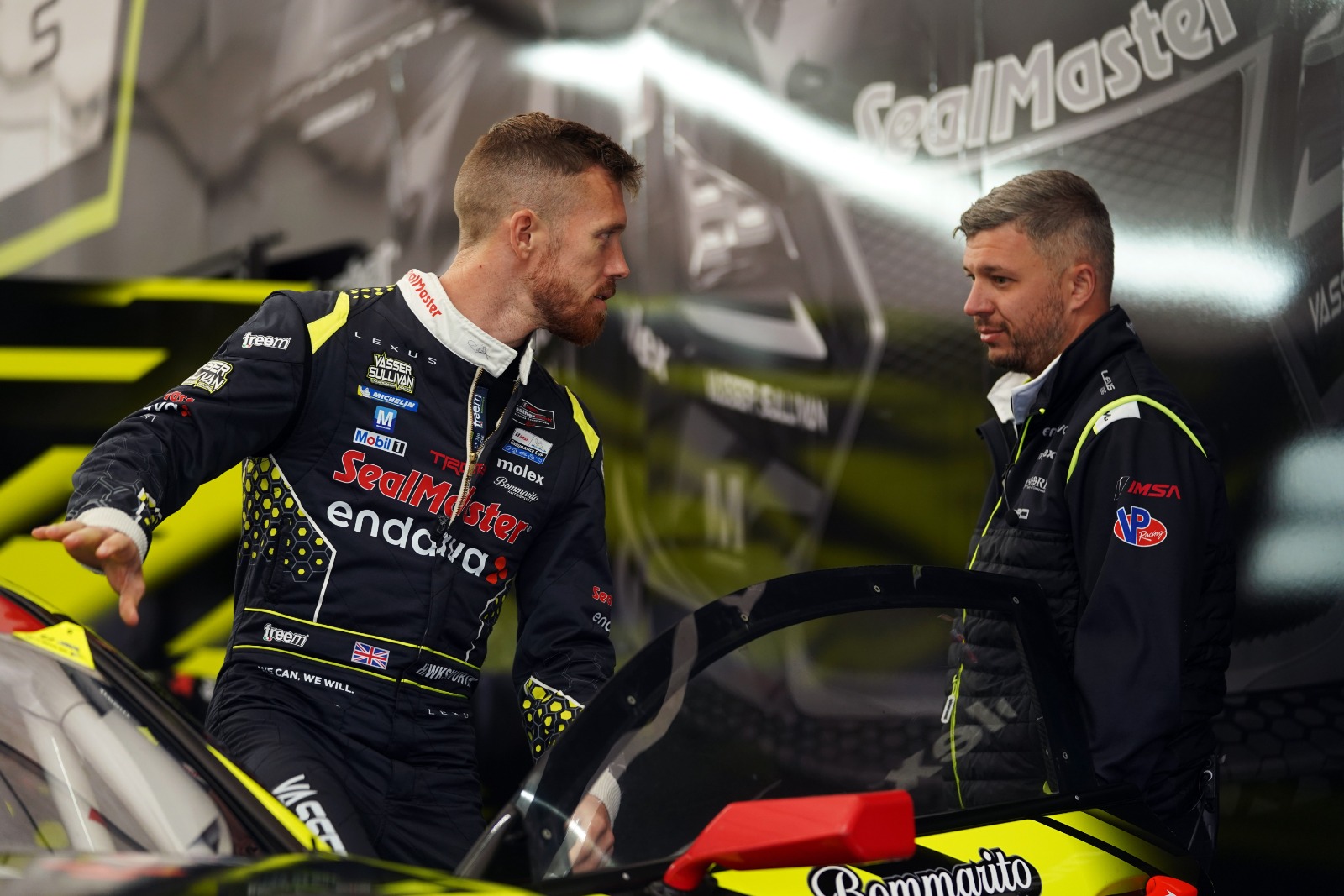 Jack Hawksworth (left), co-driver of the #14 Vasser Sullivan Racing Lexus, with Travis Morgan (right)